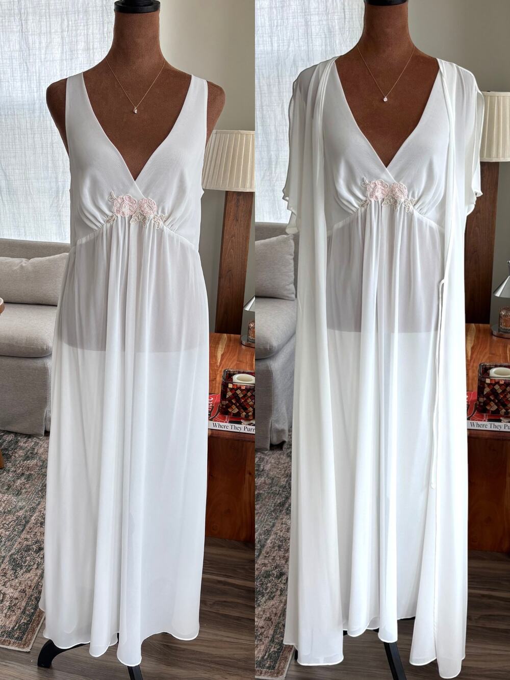 Y2K White Chiffon Bridal Old Hollywood Dress & Robe Set 2 Piece Medium (L Robe)